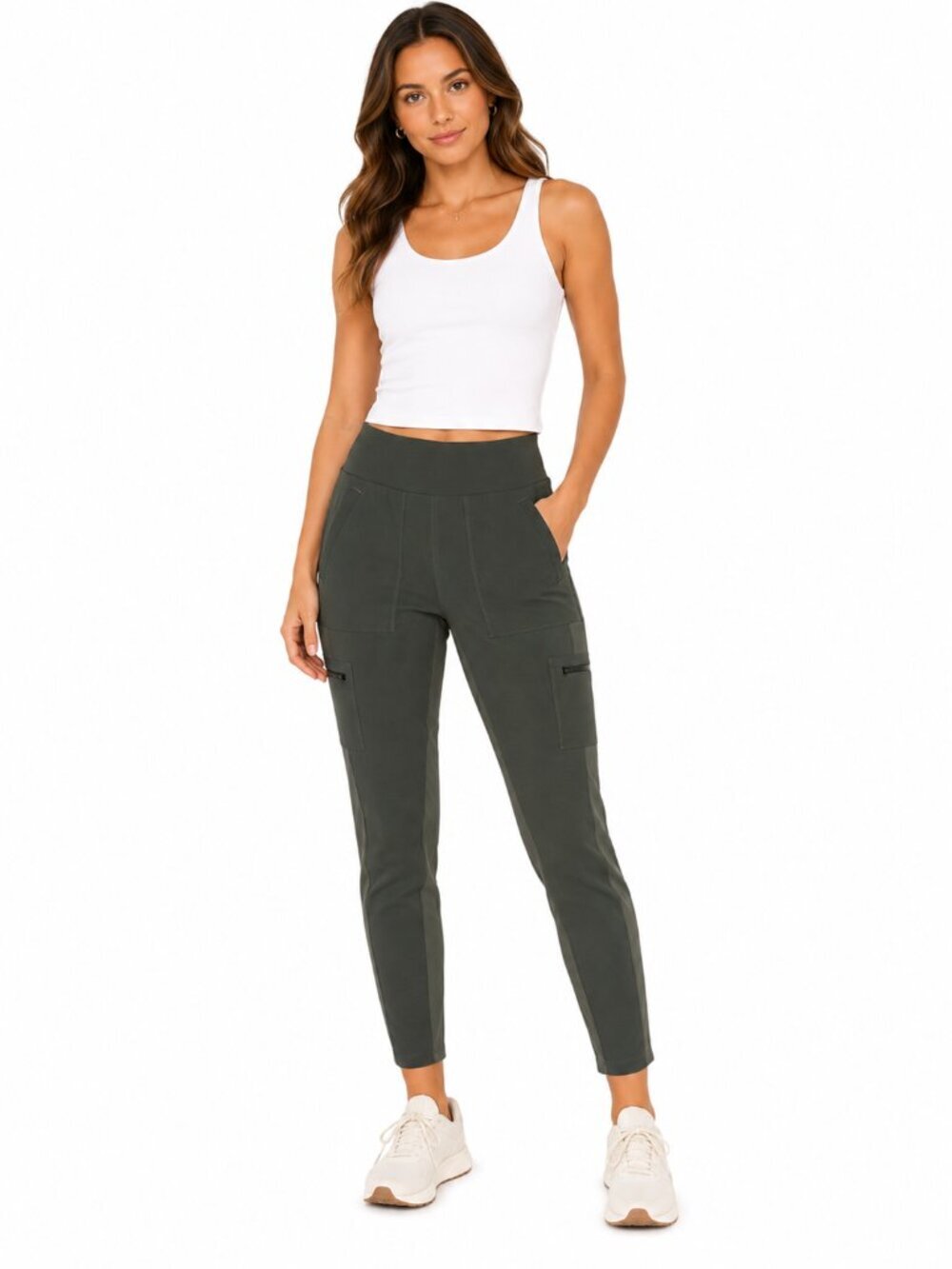 ATHLETA Headlands Hybrid Cargo Pant Peat Green Zip Pocket Jogger Legging 14